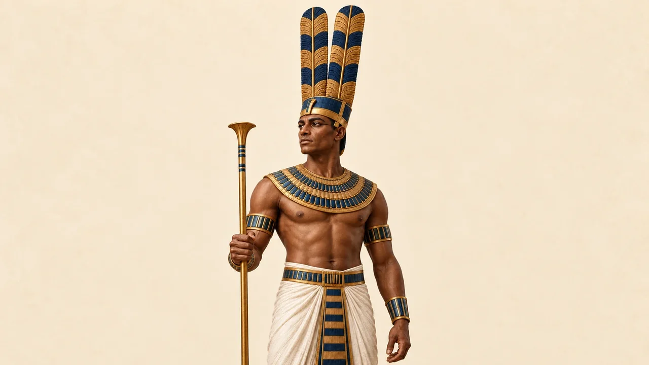 Illustration: Amun als Mann mit hoher Doppelfederkrone und langem Stab