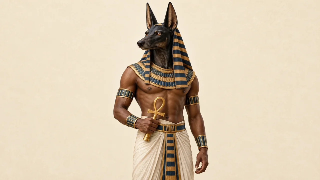 Illustration: Anubis mit schwarzem schakalartigem Kopf, breitem Halskragen und Anch-Zeichen