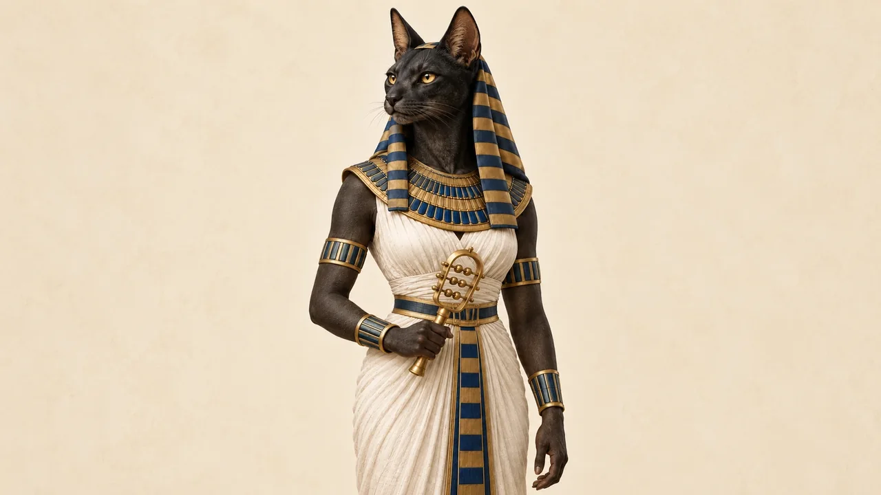 Illustration: Bastet als Frau mit schwarzem Katzenkopf und einem Sistrum in der Hand