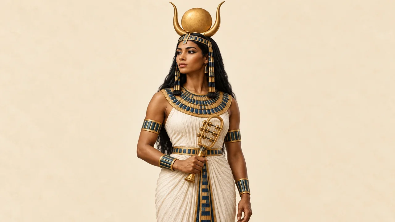 Illustration: Hathor als Frau mit Kuhhörnern und Sonnenscheibe, in der Hand ein Sistrum