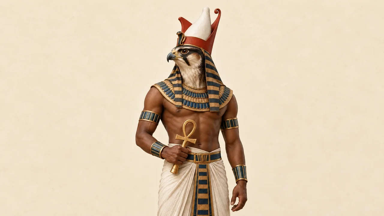 Illustration: Horus mit Falkenkopf, rot-weißer Doppelkrone und Anch-Zeichen
