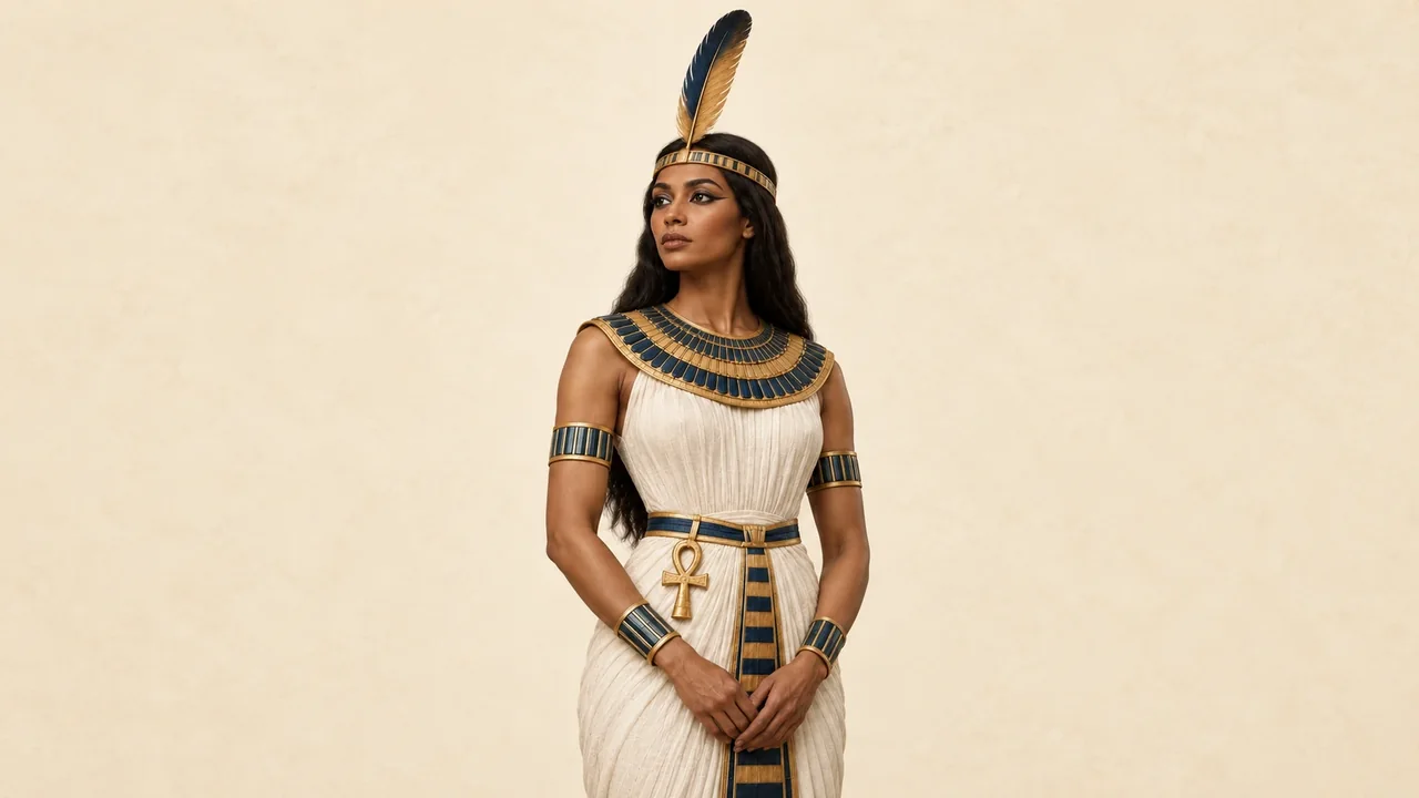 Illustration: Maat als Frau mit einer einzelnen Straußenfeder am Stirnband