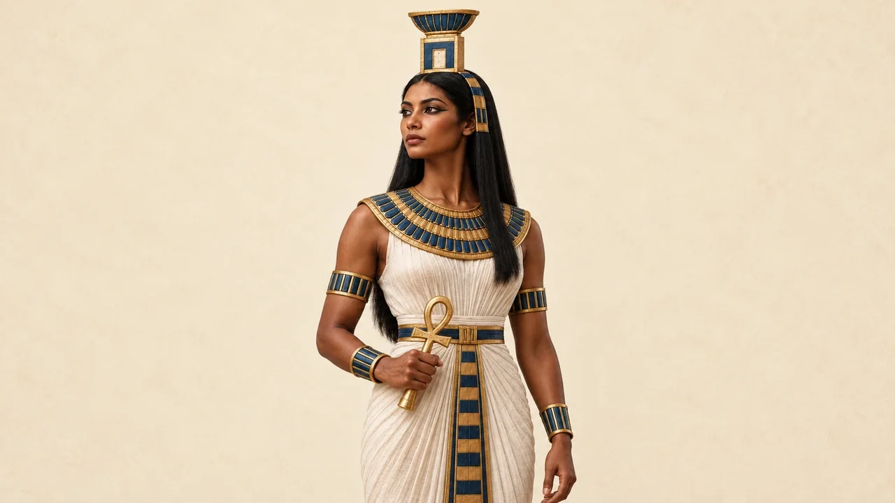 Illustration: Nephthys als Frau mit ihrem Namenszeichen aus Haus und Korb auf dem Kopf