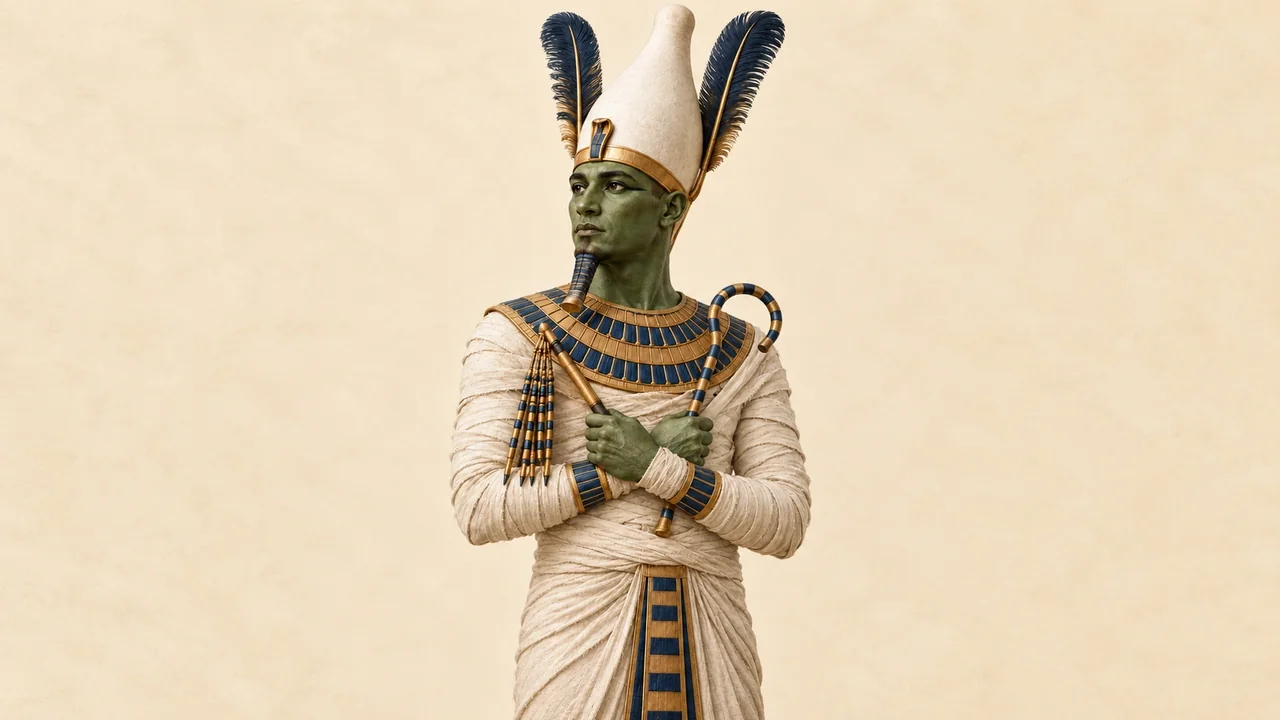 Illustration: Osiris mit grüner Haut, Atef-Krone, Krummstab und Geißel in mumienförmiger Gestalt