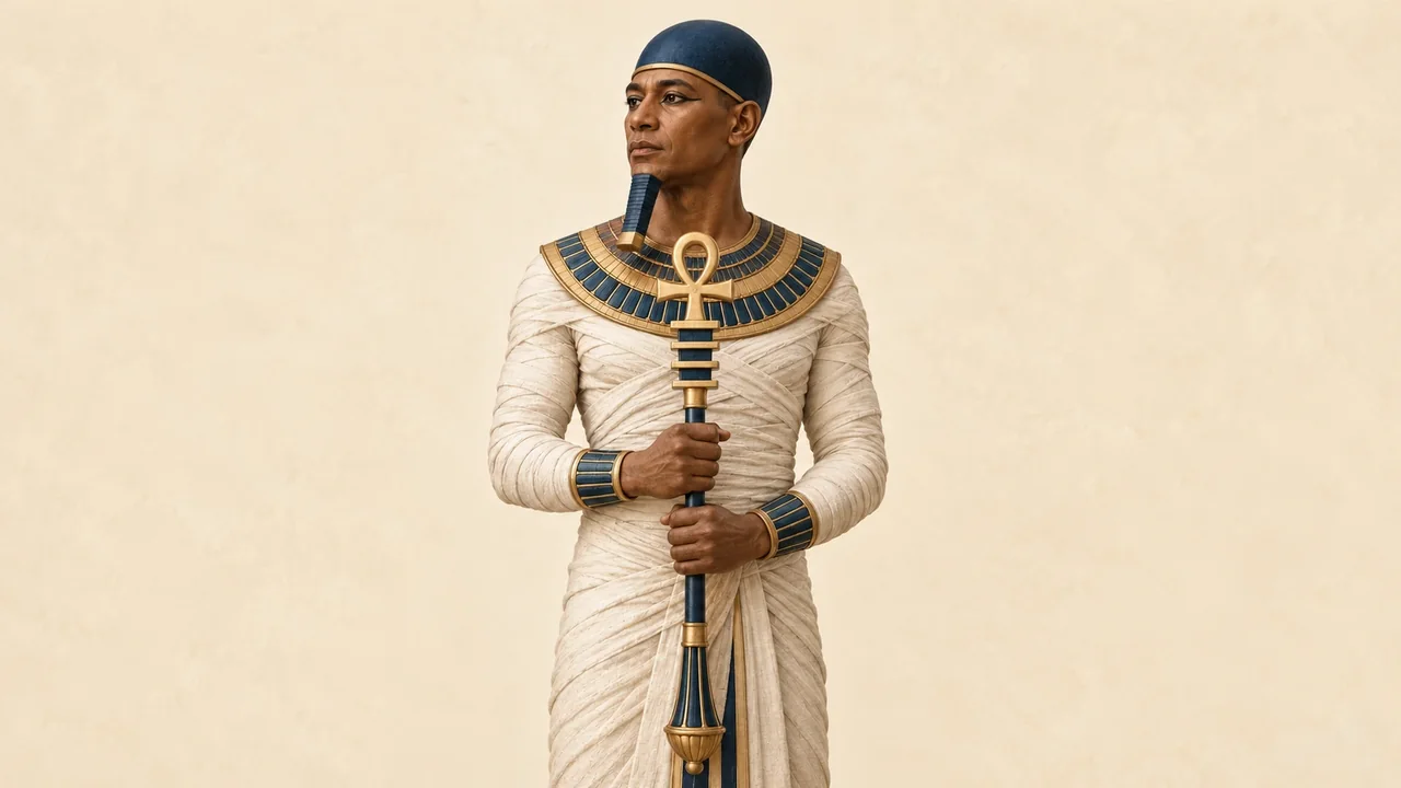 Illustration: Ptah in mumienförmiger Gestalt mit eng anliegender blauer Kappe und einem Stab