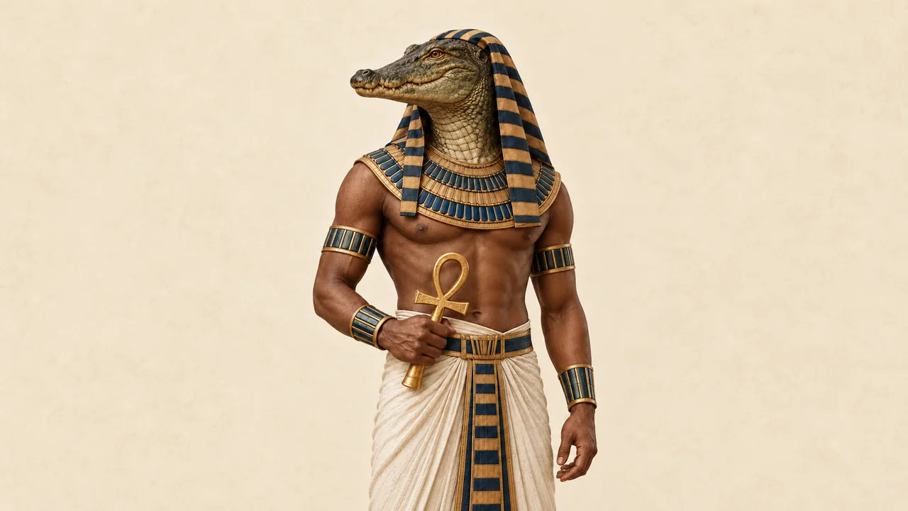 Illustration: Sobek mit Krokodilkopf, Kopftuch und Anch-Zeichen