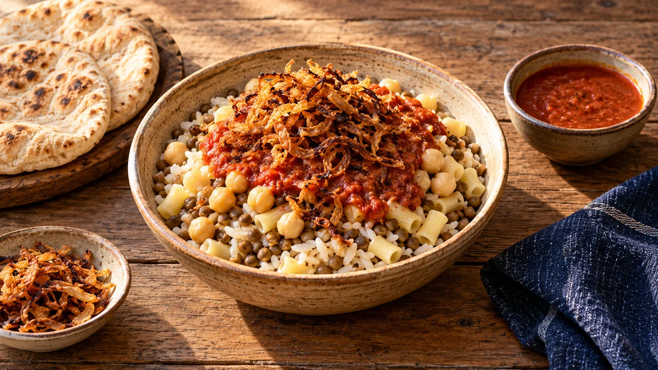 Schale Koshari mit Reis, Linsen, Nudeln, Kichererbsen, Röstzwiebeln und Tomatensoße, daneben Fladenbrot