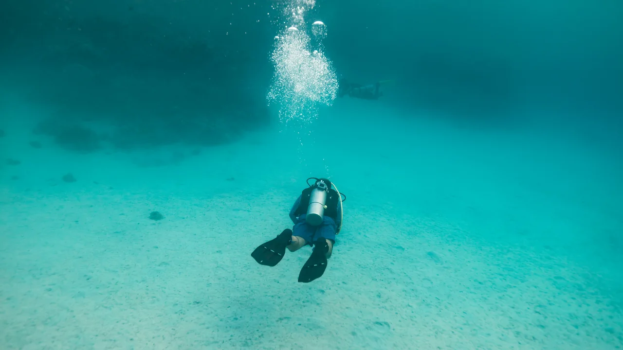 Taucher im Neoprenanzug über hellem Sandgrund bei Marsa Alam