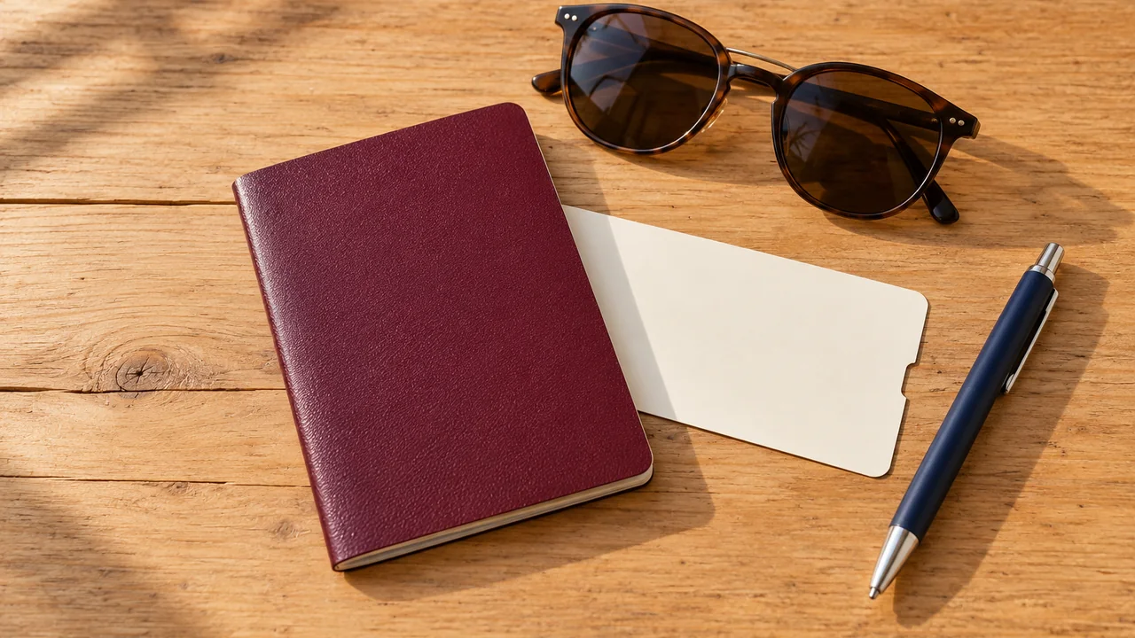 Reisepass, Bordkarte, Sonnenbrille und Kugelschreiber auf einem Holztisch