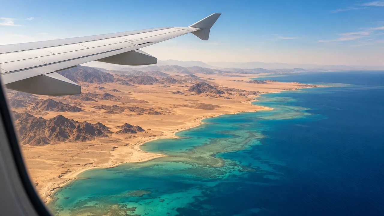 Blick aus dem Flugzeugfenster auf Wüstenküste und türkisfarbenes Meer
