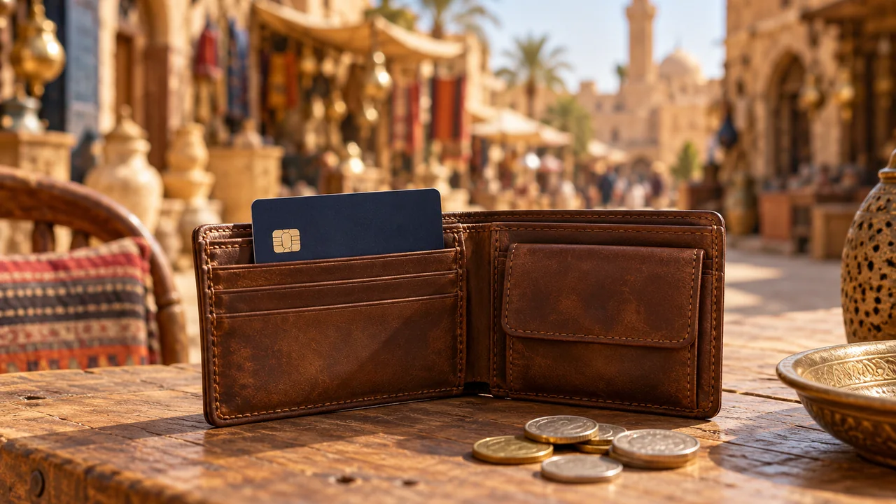 Offene Geldbörse mit Bankkarte und Münzen auf einem Holztisch vor einem Markt