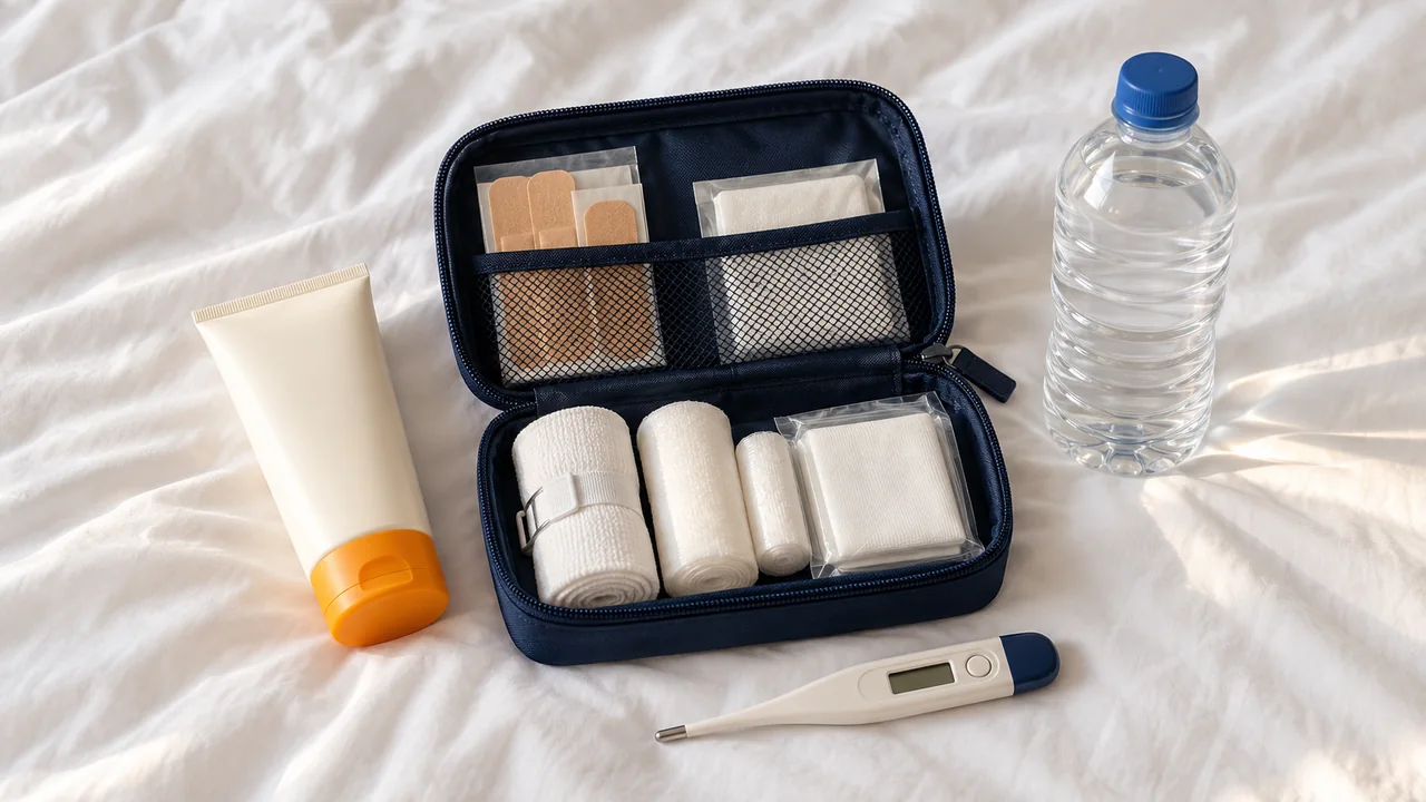Geöffnete Reiseapotheke mit Pflastern und Verbandsmaterial, Sonnencreme, Wasserflasche und Fieberthermometer
