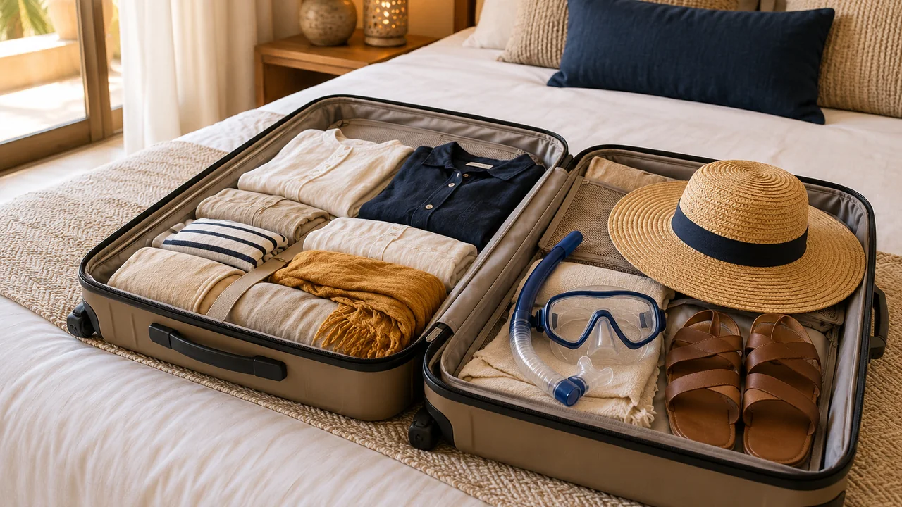 Gepackter Koffer mit Sommerkleidung, Sonnenhut, Sandalen und Schnorchelmaske auf einem Bett