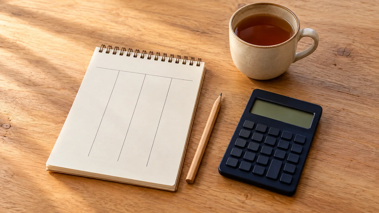 Notizblock, Bleistift, Taschenrechner und Tasse Tee auf einem hellen Tisch