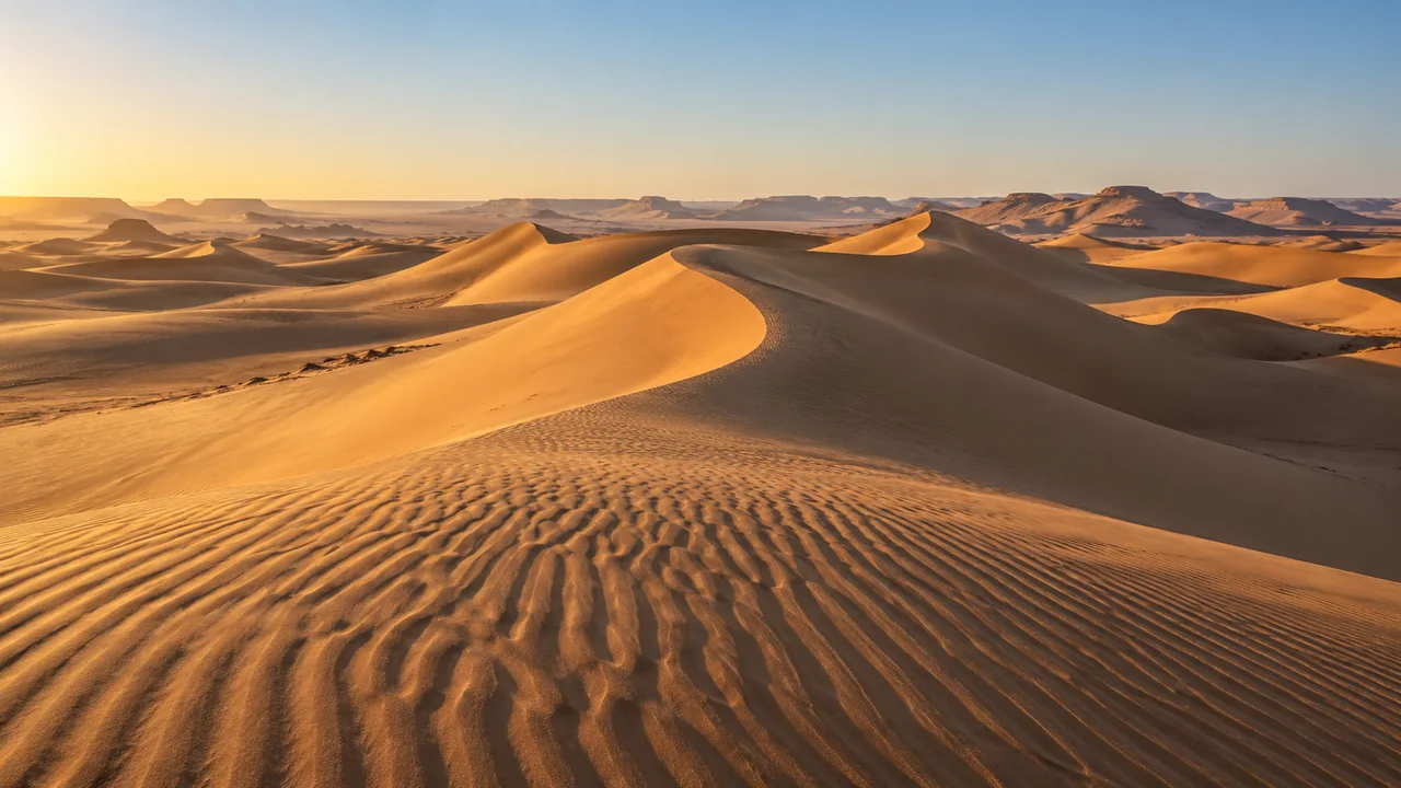 Sanddünen mit feinen Windrippeln im tiefen Sonnenlicht